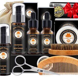 Beard Kit for Men Care w/Conditioner Wash Oil Balm Brush Comb Scissors NEW